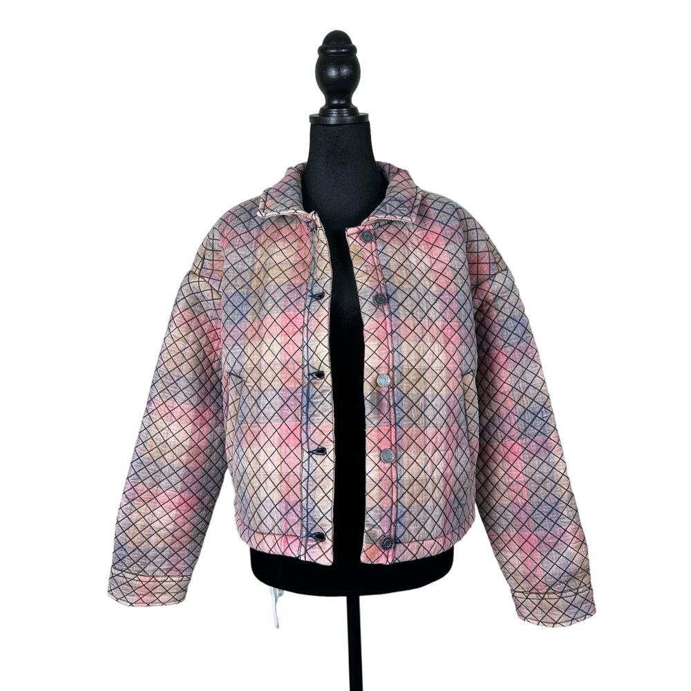 Saltwater LUXE Penny Jacket Size M Salmon Blue Peach Fall Quilted Plaid NWT
